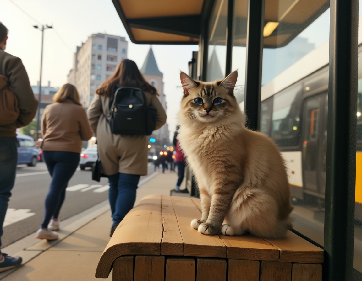 Cat observes the activity of a city bus stop, soaking in the energy of urban life.